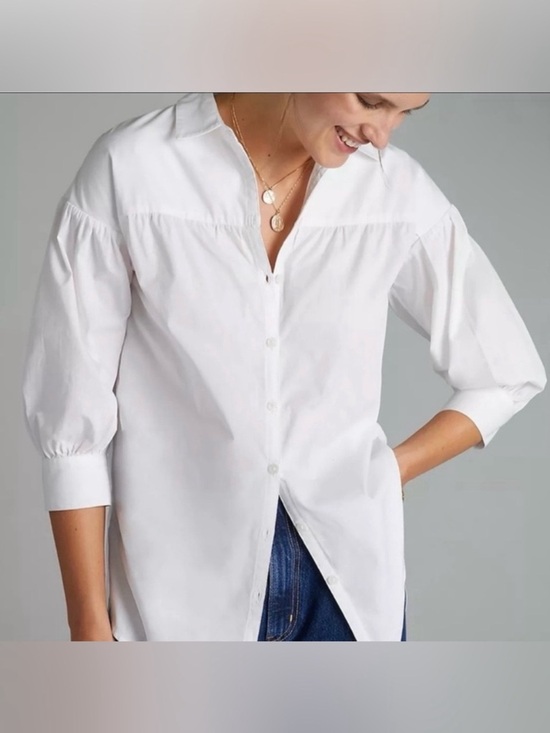Anthropologie Tops - Maeve Anthropologie Poplin Puff Sleeve Button Down 100% Cotton White Shirt